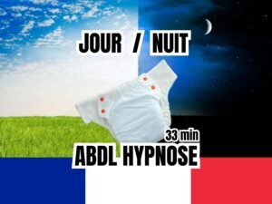 Une image divisée en deux parties représentant une transition jour/nuit, avec une couche ABDL au centre. Le texte indique "JOUR / NUIT" et "33 min ABDL HYPNOSE", accompagné du drapeau français en bas.