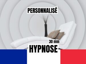 Une chaise longue blanche avec des coussins rayés posée devant un fond circulaire gris clair, accompagnée des textes "Personnalisé", "30 min", et "Hypnose", avec le drapeau français en bas.