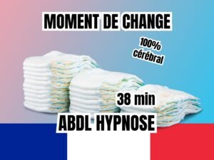 Deux piles de couches pour adultes sur un fond dégradé rose et bleu, avec les textes 'Moment de Change', '100% cérébral', '38 min' et 'ABDL Hypnose', accompagné du drapeau français en bas