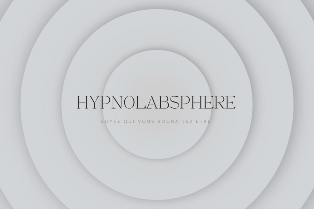 Hypnolabsphère - Illustration minimaliste avec cercles concentriques et slogan 'Soyez qui vous souhaitez être', représentant un univers d’hypnose et de transformation personnelle