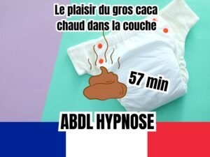 Couche blanche posée sur un fond violet et vert, avec une illustration de caca chaud et texte 'Le plaisir du gros caca chaud dans la couche', '57 min', et 'ABDL Hypnose', accompagné du drapeau français