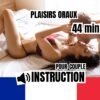 Un couple en lingerie rouge partageant un moment sensuel sur un lit, avec les textes 'Plaisirs Oraux', '44 min', et 'Instruction pour Couple', accompagné d'une icône de haut-parleur et du drapeau français en bas.