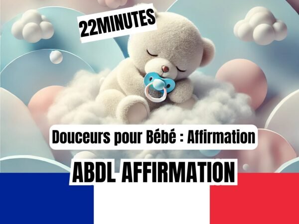 Un ours en peluche tenant une tétine, reposant sur un nuage avec un fond pastel, accompagné des textes '22 minutes', 'Douceurs pour Bébé : Affirmation', et 'ABDL Affirmation', avec le drapeau français en bas.