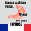 Illustration d'un estomac avec un anneau gastrique virtuel, accompagné des textes 'Anneau gastrique virtuel', '19 min', et '100% cérébral', avec le drapeau français en bas.