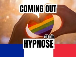 Image promotionnelle pour une séance d'hypnose de 49 minutes sur le coming out, avec un cœur aux couleurs arc-en-ciel et une lumière chaleureuse symbolisant l'acceptation et la liberté.