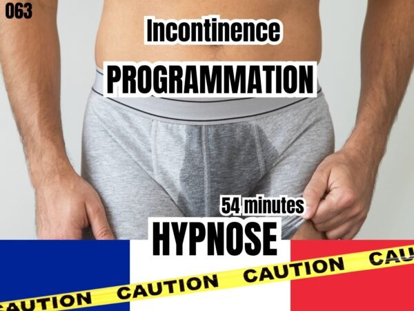 Image promotionnelle pour une hypnose de programmation de l'incontinence volontaire de 54 minutes, avec un homme en sous-vêtements et une bande "Caution" pour symboliser l'exploration des limites personnelles.