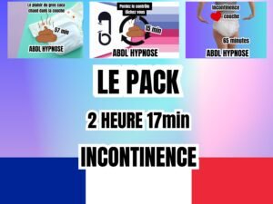 Visuel promotionnel du pack hypnose ABDL sur le thème de l'incontinence, comprenant trois séances totalisant 2 heures et 17 minutes, avec un design coloré et informatif.