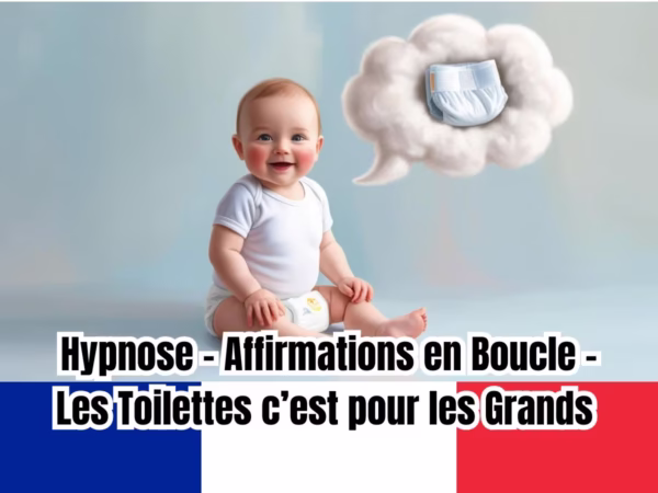 Un bébé assis sur le sol, rêvant d'une couche, avec une bulle de pensée montrant une couche, entourée des couleurs du drapeau français.