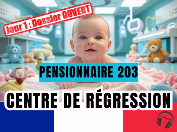Un bébé est allongé sur une couverture douce entouré de jouets colorés dans une crèche, avec des panneaux indiquant « pensionnaire 203 » et « centre de régression ».