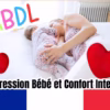 Une maman câline un enfant en pyjama confortable sur un lit, entouré de formes de cœur et de textes colorés favorisant le réconfort et la régression.