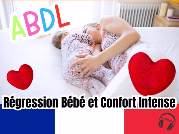 Une maman câline un enfant en pyjama confortable sur un lit, entouré de formes de cœur et de textes colorés favorisant le réconfort et la régression.